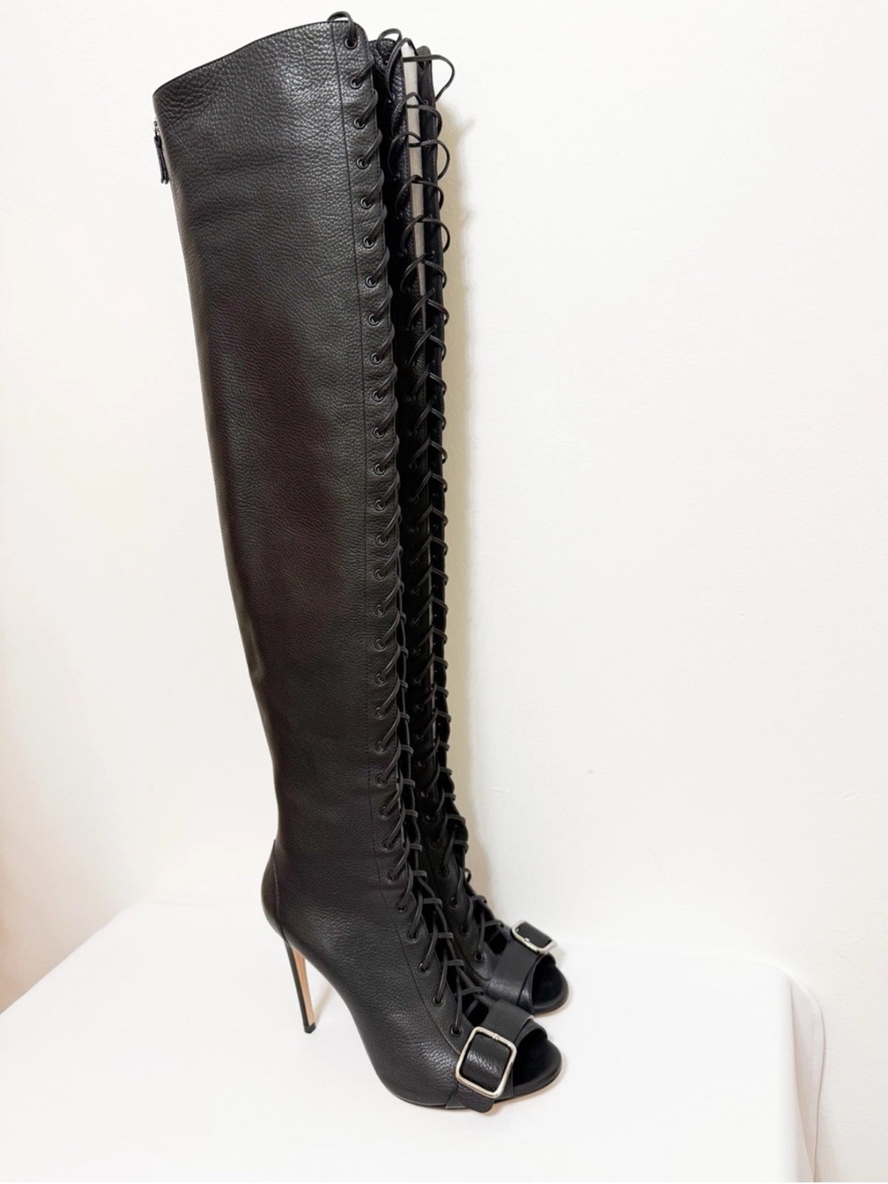 $1810 39.5 US 8.5 CASADEI Black Leather Lace Up Over The Knee HEEL Boots ITALY